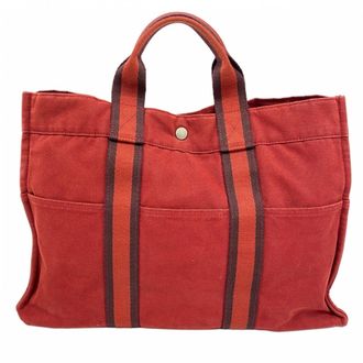 Herm&egrave;s Red Color Canvas Tote Bag (Pre-Owned)