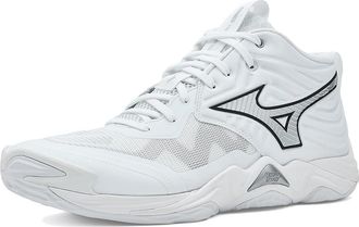 Mizuno Wave Momentum 4 Elite Mid Mens Volleyball Shoes White/Metallic Grey : Mens 12.5 - Womens 14 Medium, Synthetic