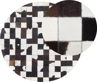 Beliani Alfombra Redonda De Piel Negra Y Blanca &Oslash; 140 Cm Patchwork Elaborada A Mano Bergama