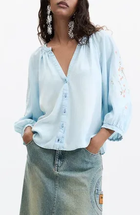 Desigual Embroidered Sleeve Top in Blue at Nordstrom, Size X-Large