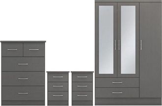 Seconique Seconique - Nevada 3 Door 2 Drawer Mirrored Wardrobe Bedroom Set - 3D Effect Grey