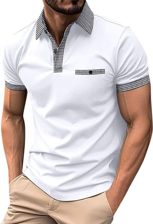Generic Polo Shirts for Men Adult Short Sleeve Buttons Classic Casual Tops Mens Summer Breathable Slim Fit Checked Collar T Shirt White