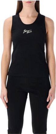 Balmain Sleeveless Tops, female, Black, M, Relaxed Tank Top with Paris Brush Print