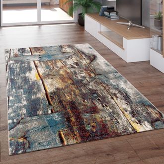 Paco Home Paco Home - Alfombra De Dise&ntilde;o Colorido Con Aspecto De Madera En Turquesa, Amarillo Y Marr&oacute;n 120x170 Cm
