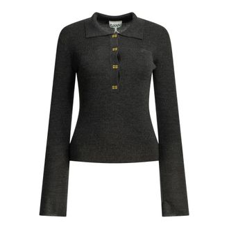 Ganni Slim Fit Gebreide Wollen Polo - Dames - Tops - Grijs - Maat: 2XS Wol
