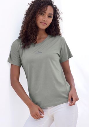 Copenhagen T-Shirt COPENHAGEN STUDIOS mit dezentem Logoprint vorn, Damen, Gr. XS (34), blau (dusty blau), Single Jersey, Obermaterial: 100% Baumwolle, unifarben,