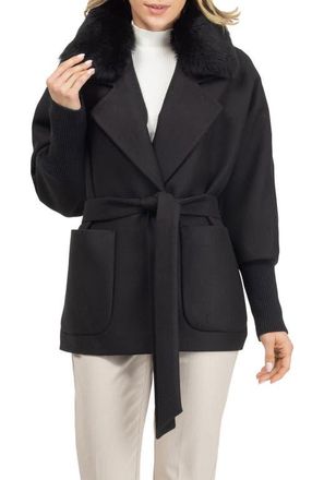 Gorski Fabric Jacket With Detachable Genuine Shearling Collar, Belt in Black at Nordstrom, Size X-Large