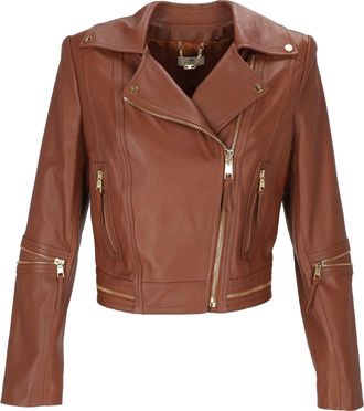 Elisabetta Franchi Cropped Leather Jacket With Asymmetrical Zipper And Gold Accents