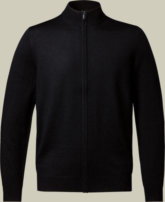 CHARLES TYRWHITT Pure Merino Full Zip Through Wool Cardigan - Black Size Large by Charles Tyrwhitt