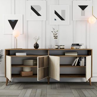 Dmora Aparador Roattos, Alacena 2 Estantes, 4 Puertas, 6 Compartimentos, 180x35x78h Cm Beige M&aacute;rmol