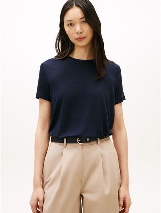 Tommy Hilfiger Womens Linen-Blend Crewneck T-Shirt - Navy - XXL