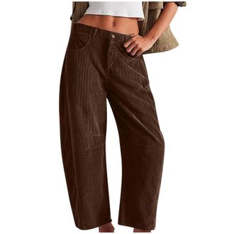 Generic Vintage Corduroy Trousers Women Button Elasticated Waist Cord Pants Winter Warm Casual Trousers with Pockets Ladies Comfy Loose Fit Straight Wide Leg 