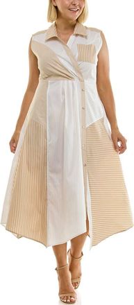 Nicole Miller Stripe Pleated Asymmetric Maxi Dress in Mocha White Stripe at Nordstrom Rack, Size 14