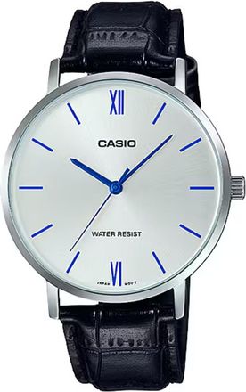 Casio Mens Silver Analog Watch with Blue Accents and Leather Strap - MTP-VT01L-7B1