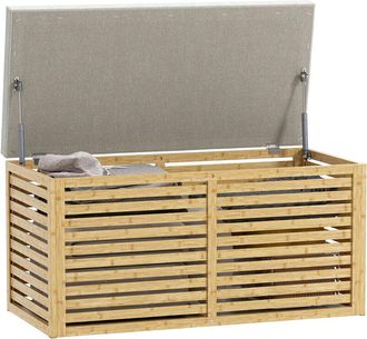 HOMCOM Homcom - baúl de almacenaje 122L taburete de almacenaje tapizado en lino sintético con cojín marco de bambú 90x42x43 cm gris y natural