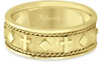 Allurez Handmade Wedding Band With Crosses in 14k Yellow Gold (8.5mm)