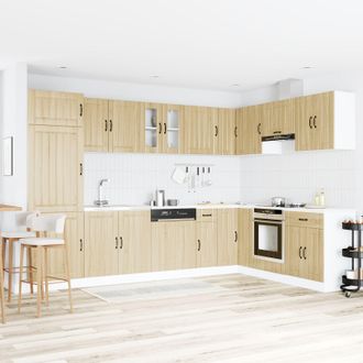 Berkfield Home Kitchen Cabinet Lucca with Double Sinks in Sonoma Oak Engineered Wood in Beige