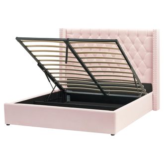 Beliani Cama Con Almacenaje De Terciopelo Rosa Plateado 160 X 200 Cm Cabecero Lubbon