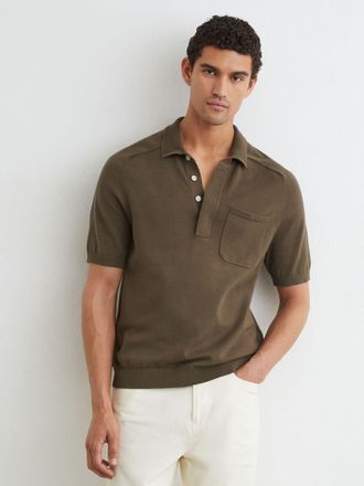 Reiss Taupe Brown Cotton Knit Concealed-placket Polo, Xxl