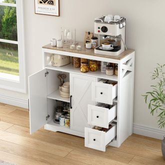 OEM Buffet De Almacenamiento - Blanco Y Madera - 100x40x105 Cm - 3 Cajones Y 2 Puertas - Estilo Escandinavo Lacado Ecol&oacute;gico