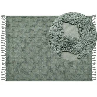 Beliani Alfombra De Algod&oacute;n Verde 160 X 230 Cm Hecho A Mano Patr&oacute;n Geom&eacute;trico Borlas Kars