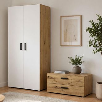Dmora Guardarropa 2 Puertas Buriasco, Armario Dormitorio Con Repisa, 2 Cajones, Perchero, 74x214h Cm Marr&oacute;n Roble Nodo