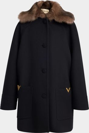 Valentino Garavani Sheep Shearling Collar Single-Breasted Wool Coat