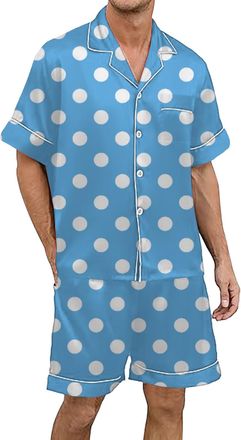 Generic Mens Pyjamas Mens Gradient Multicolored Printed Silk Satin Short Sleeved Button Up Pajamas Set (Sky Blue, L)