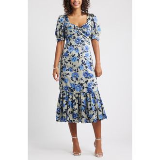 Chelsea28 Twist Front Puff Sleeve Satin Midi Dress in Grey- Blue Dahlia Floral at Nordstrom Rack, Size Xx-Small