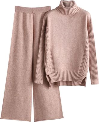 Generic Two-Piece Womens Knitted Jogging Suit, Leisure Suit, Knitted Jumper + Palazz Trousers, Plain Elegant Knitted Set, Ribbed Knitted Suit, Long-Sleeved Jo