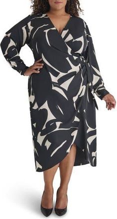 DKNY Long Sleeve Midi Dress in Black/Eggshell at Nordstrom Rack, Size 18W