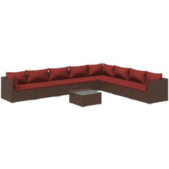 vidaXL Set Muebles De Jard&iacute;n 9 Piezas Y Cojines Rat&aacute;n Sint&eacute;tico Marr&oacute;n Vidaxl