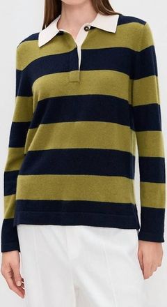 White + Warren Cashmere Rugby Stripe Polo In Deep Navy/bright Olive