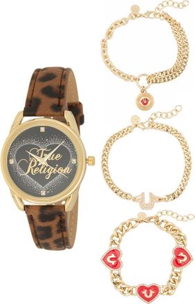 True Religion Crystal Faux Leather Strap Watch & Bracelets Set, 34mm in Gold at Nordstrom Rack
