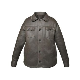 Oakwood Heren Leren Jas met Lamsvacht in Donker Khaki - Heren - Leren en Su&egrave;de Jassen - Bruin - L - Leer - Jassen