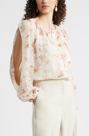 Nordstrom Split Sleeve Top in Ivory-Pink Canvas Bloom at Nordstrom, Size Xx-Small