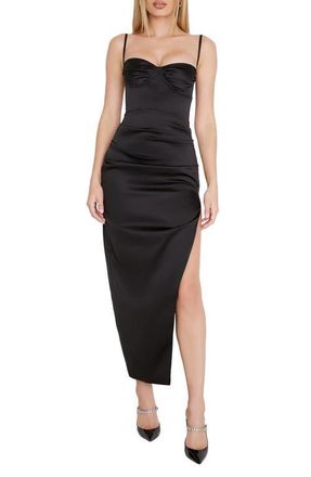 House of CB Flora Pleated Satin Midi Dress in Black at Nordstrom, Size X-Large