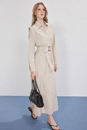Trendyol Modest Dames Beige Effen Maxi Lang Casual Skater Modest Jurken