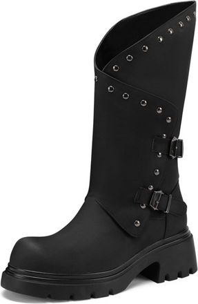 Generic Womens PU Leather Western Cowboy Boots with Side Zipper Round Toe Platform Long Boots Chunky Heel Mid-Calf Boot with Studded,Black,3.5 UK