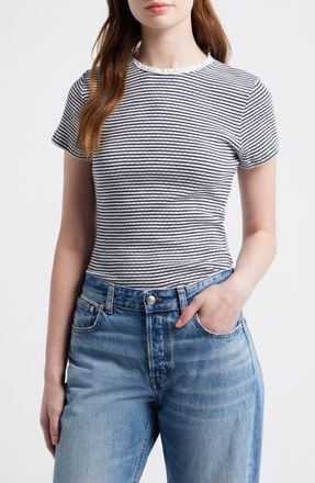 Madewell Textured Knit Crewneck Top in Texture Rib Stripe Navy at Nordstrom, Size Xx-Large
