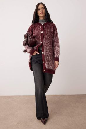 Trendyol Modest Dames Bordeaux Dierenprint Driekwart mouw Loszittend Modest Vesten