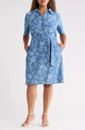 Jones New York Floral Print Tie Waist Shirtdress in Libra Wash at Nordstrom, Size 1X