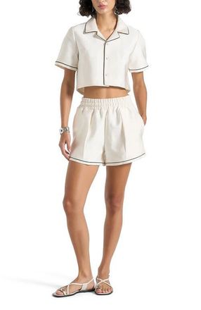 Mani&egrave;re De Voir Maude Satin Cropped Shirt with Piping in Off White at Nordstrom, Size 4