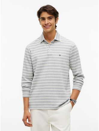 Tommy Hilfiger Mens Regular Fit Long-Sleeve Waffled Polo - Grey Ivory - XXL