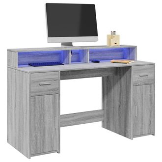 Berkfield Home Desk with LED Lights Grey Sonoma 140x55x91 cm Engineered Wood | Size: 140 x 55 x 91 cm