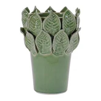 Melrose International Stoneware Vase with Leaves Accent 7.5H - Green