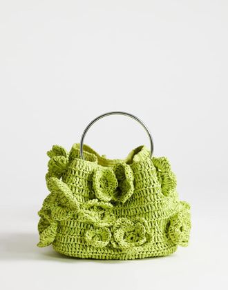 Topshop Millie - Borsa piccola in paglia color lime con manico in metallo e fiore-Verde