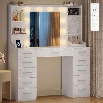OEM Toeletta Trucco, Postazione Trucco Con Luce Led Regolabile, 11 Cassetti E 6 Ganci Per Gioielli, Include Spazio Per Anelli, Toeletta Da Trucco Con Pres