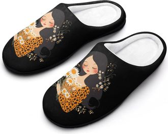 Generic Love Mama Daisy Flower Leopard Fashion Cotton Slippers for Women Memory Foam House Slippers Non-Slip House Bedroom Shoes