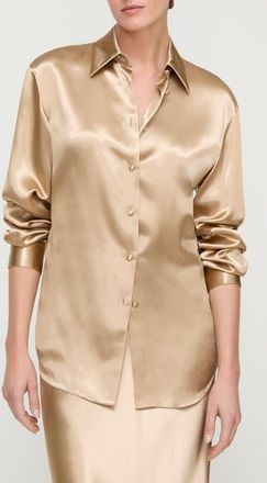 Lafayette 148 New York Fitted Silk Stretch Charmeuse Button-Up Shirt in Natural Gold at Nordstrom, Size 10